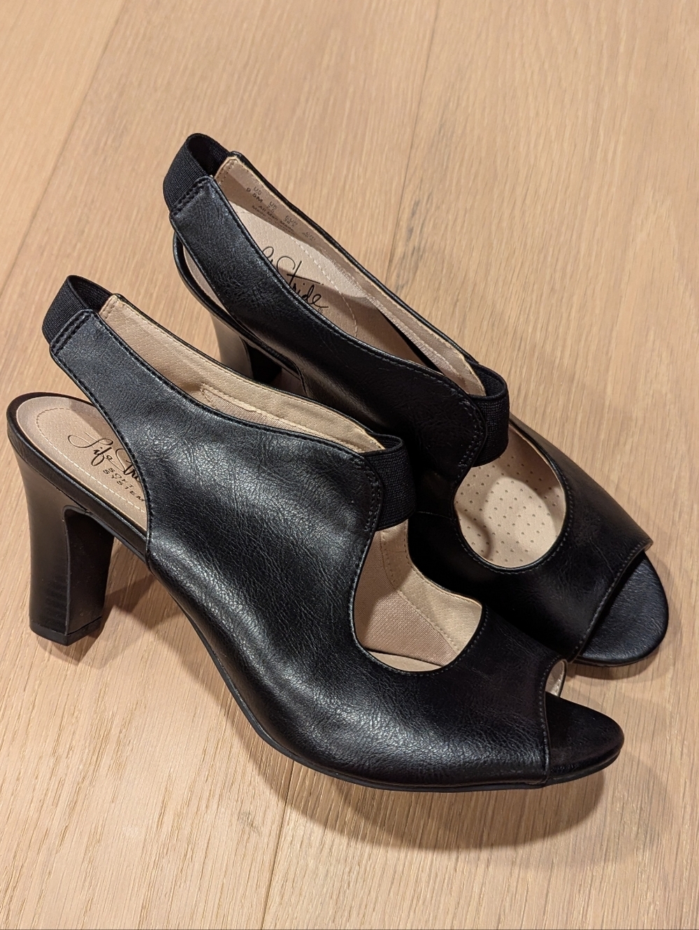 Life Stride Black Peep-Toe Slingback Block Heels